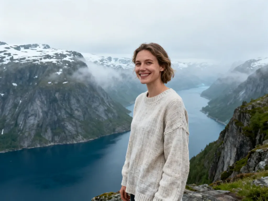Uśmiechnięta kobieta w lnianym swetrze na tle chłodnego norweskiego fiordu z ośnieżonymi górami.